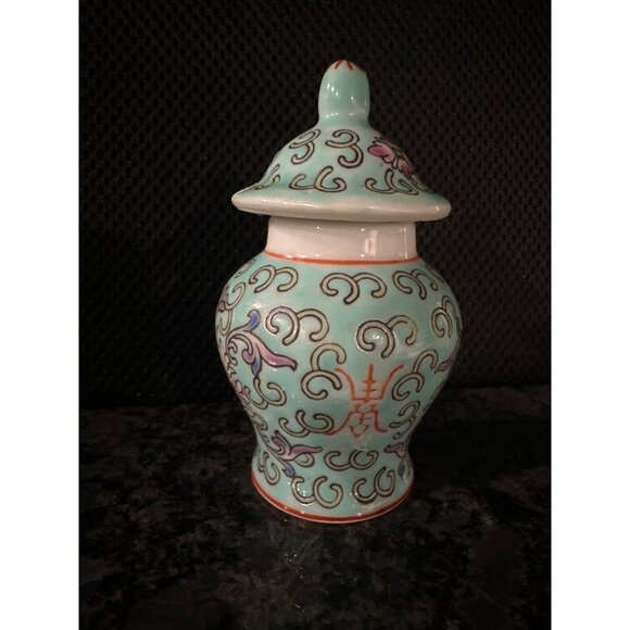 Small Decorative Porcelain Jar With Lid & Floral Motif - Mint Green Pink & White - Picture 7 of 8
